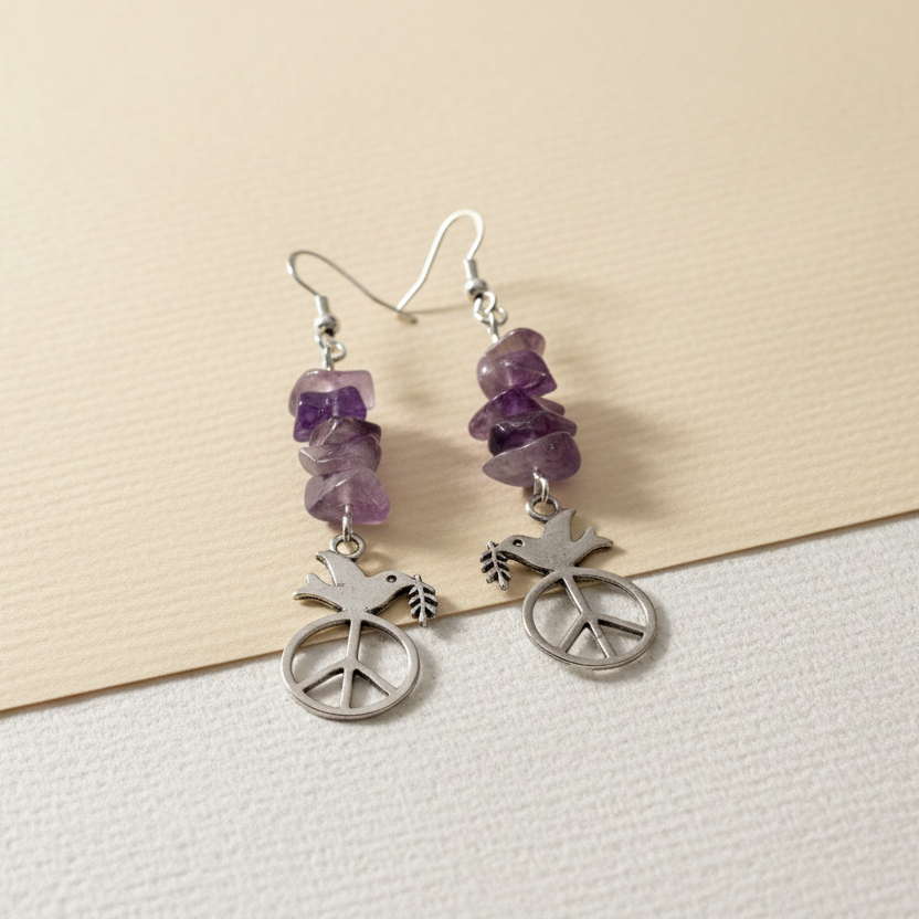 Peace Dove Amethyst Dangle Earrings