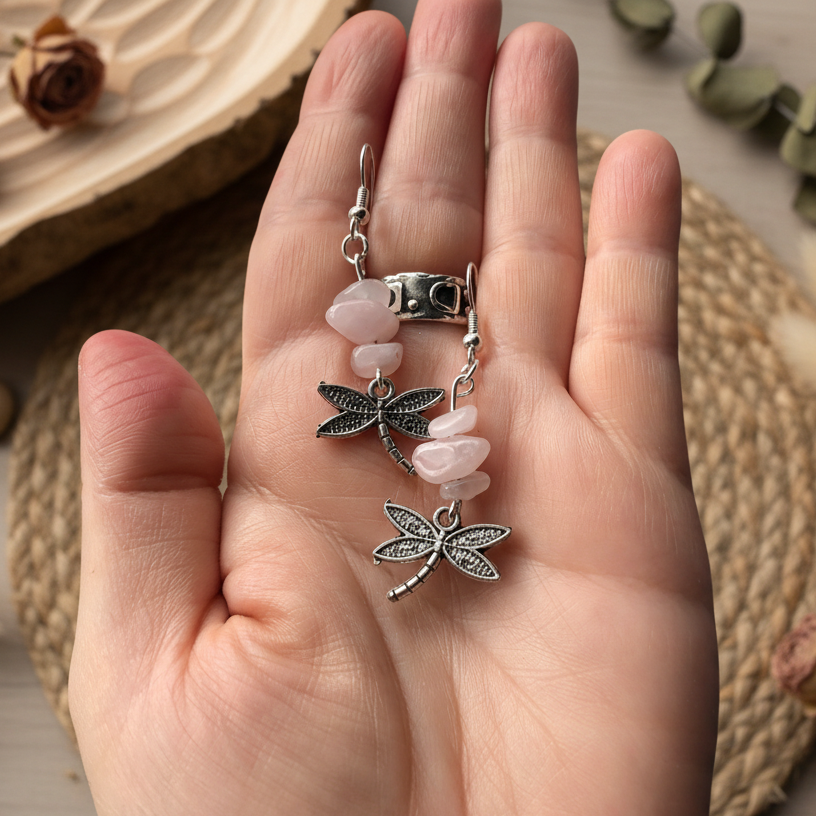 Dragonflies Rose Quartz Dangle Earrings