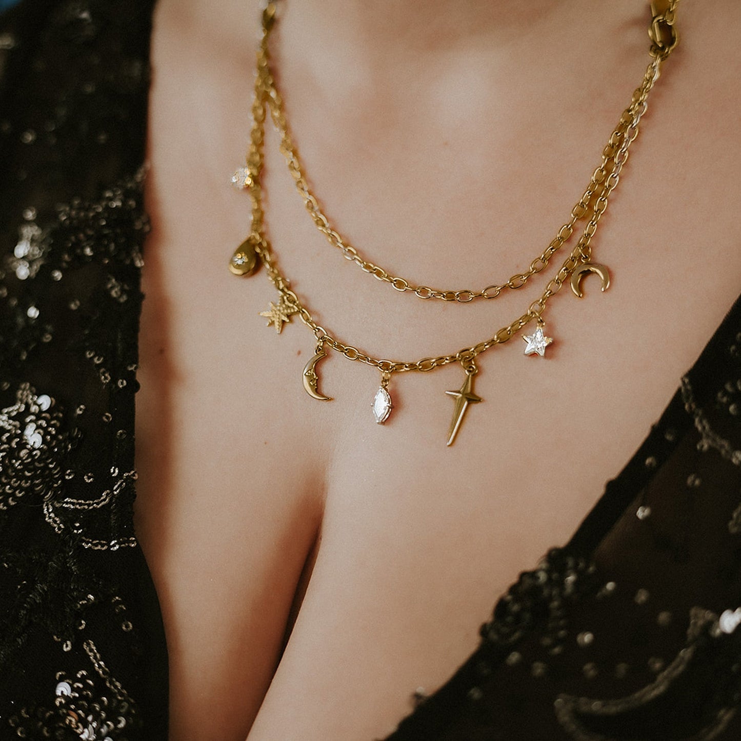 Gold Lyra Artemis Celestial Charm Necklace