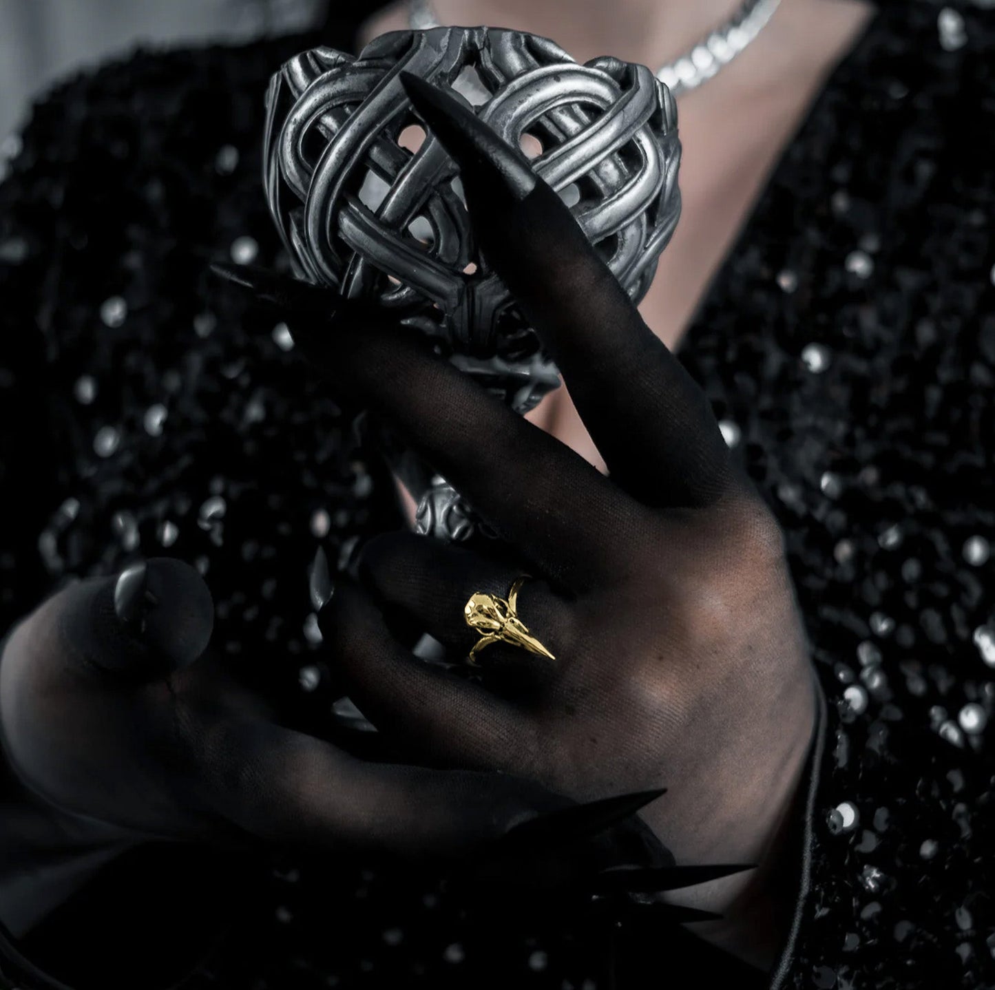 Gold Raven Bird Skull Ring