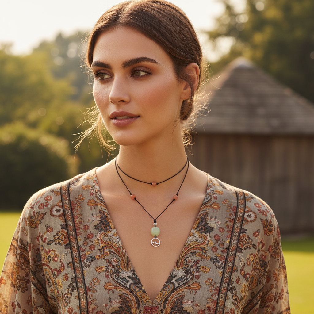 Black Thread Choker Necklace with Jade and Carnelian