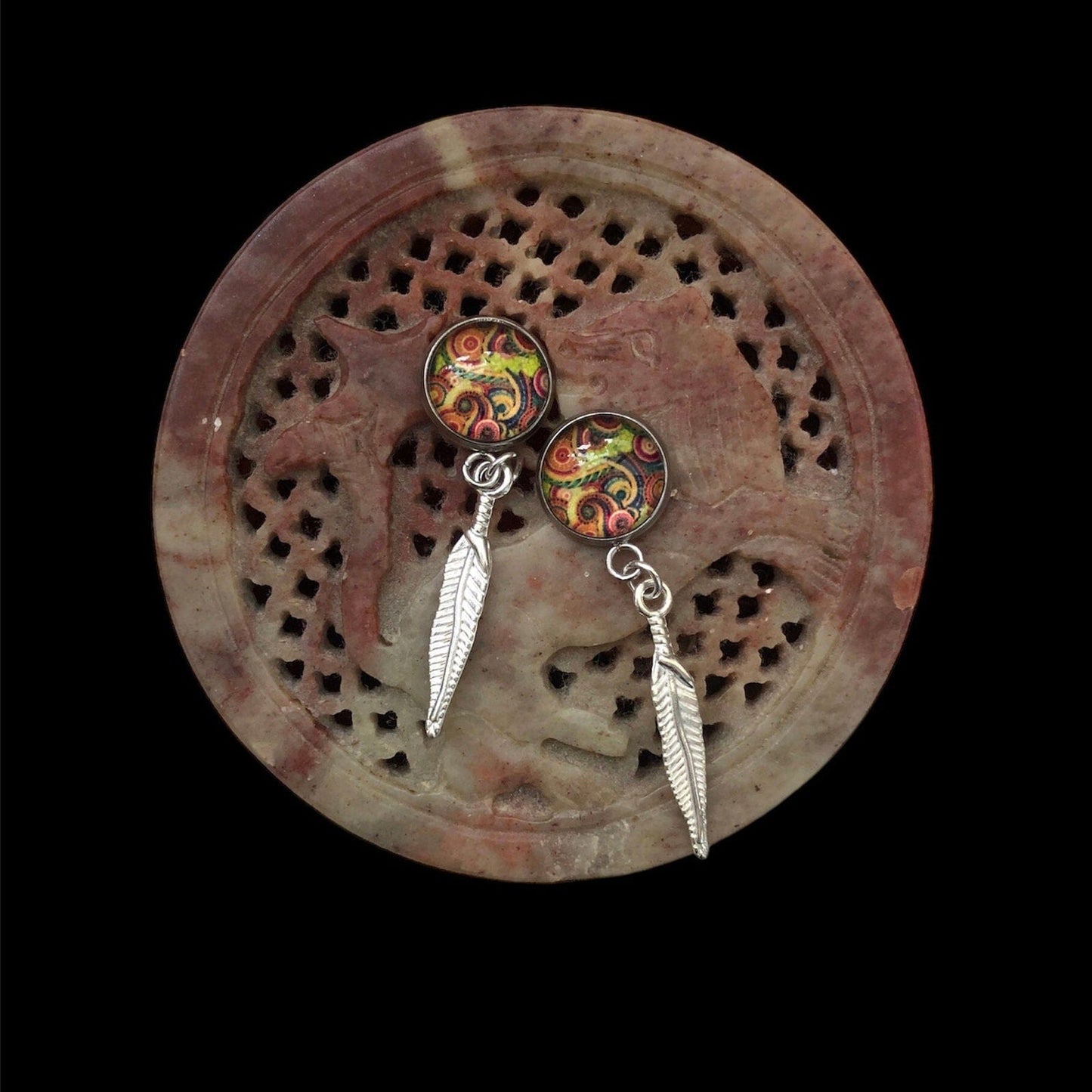 Paisley and Feathers Silver plated Stud Earrings - Multi-coloured