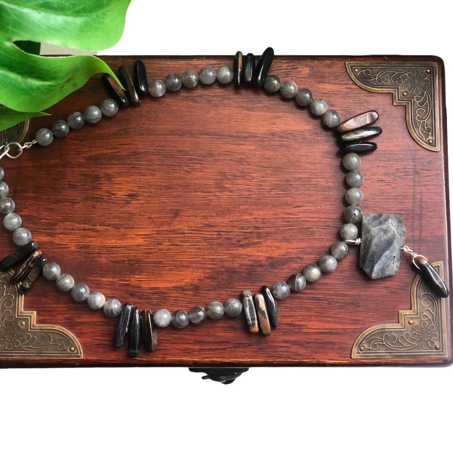 Moonstone and Blue Tiger Eye Beaded Necklace with Labradorite Pendant