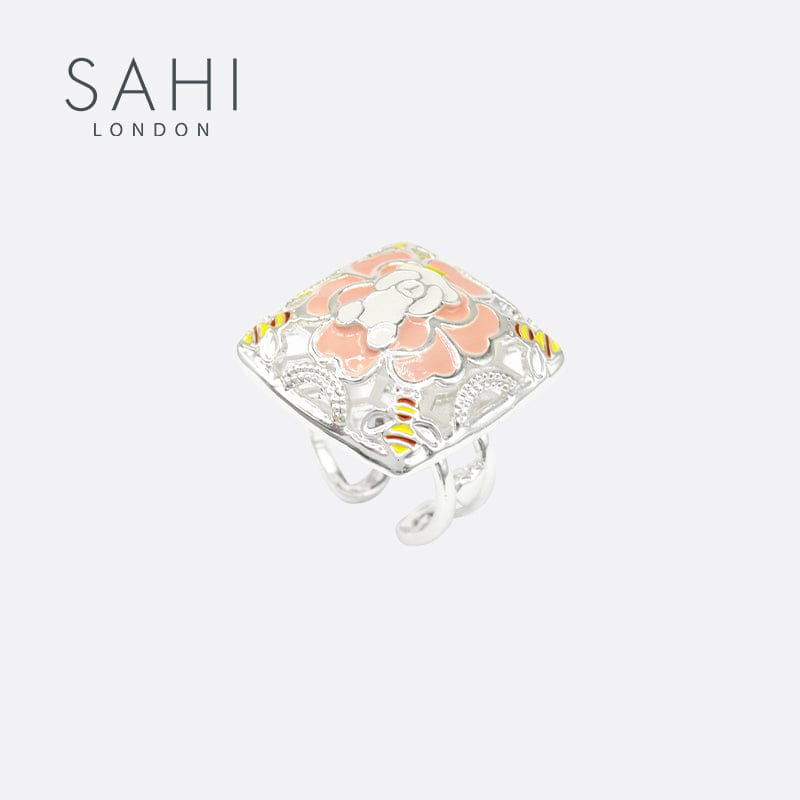 Sahi Gold Enameled Square Camellia Bear Ring