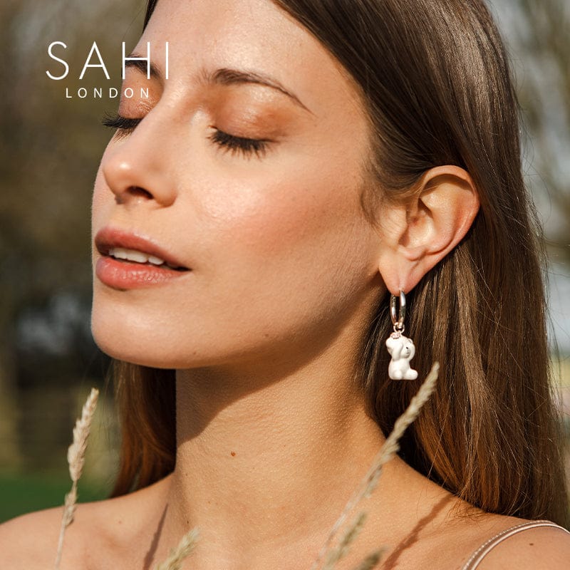 Sahi Gold Enameled Camellia Bear Drop Earrings