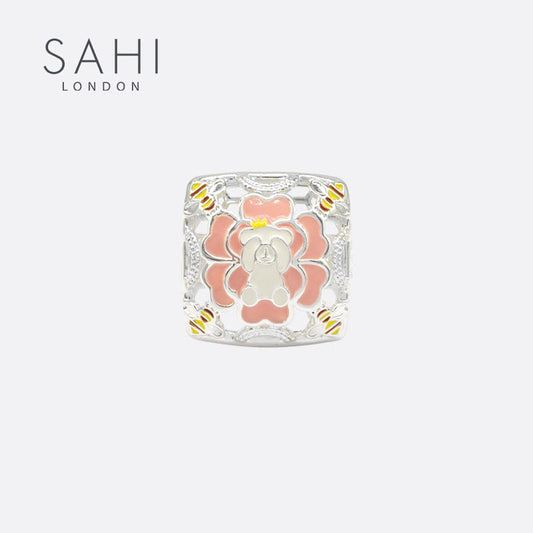 Sahi Gold Enameled Square Camellia Bear Ring