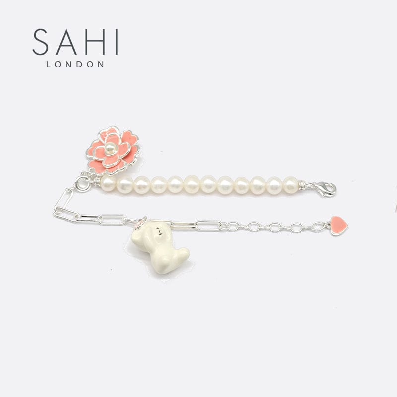 Sahi Gold Enameled Pearl Bear Chain Bracelet