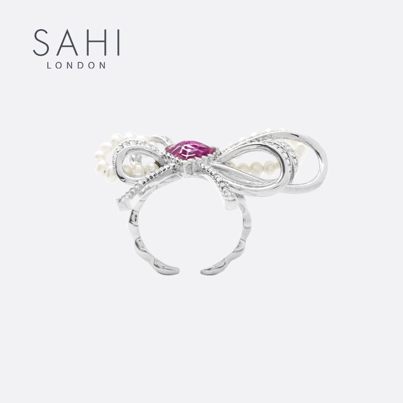 Sahi Love Heart Enamel Bow Adjustable Ring