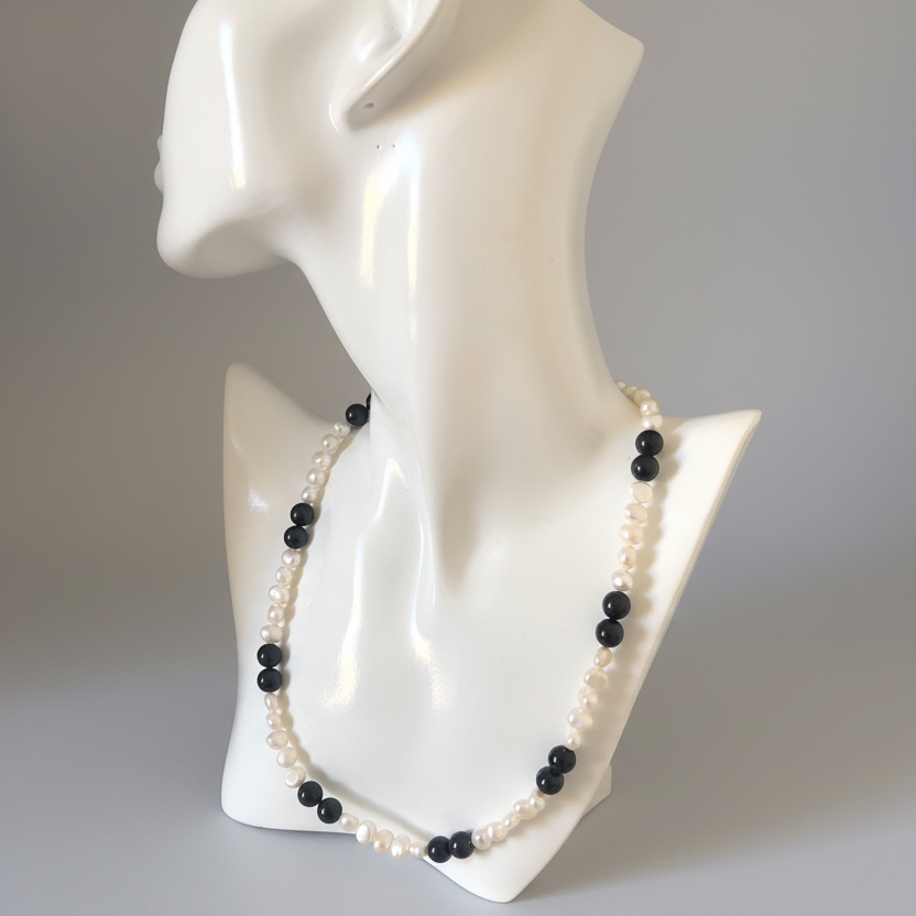 Freshwater Pearls and Onyx Beaded Necklace
