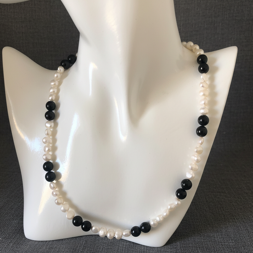 Freshwater Pearls and Onyx Beaded Necklace