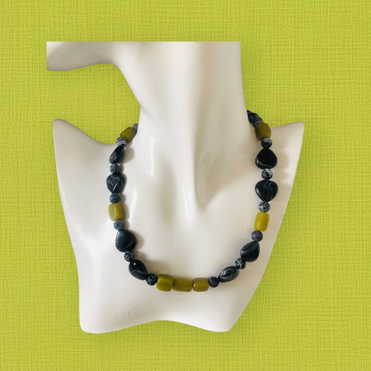 Olive Jade, Black Striped and Frost Cracked Agates Beaded Necklace