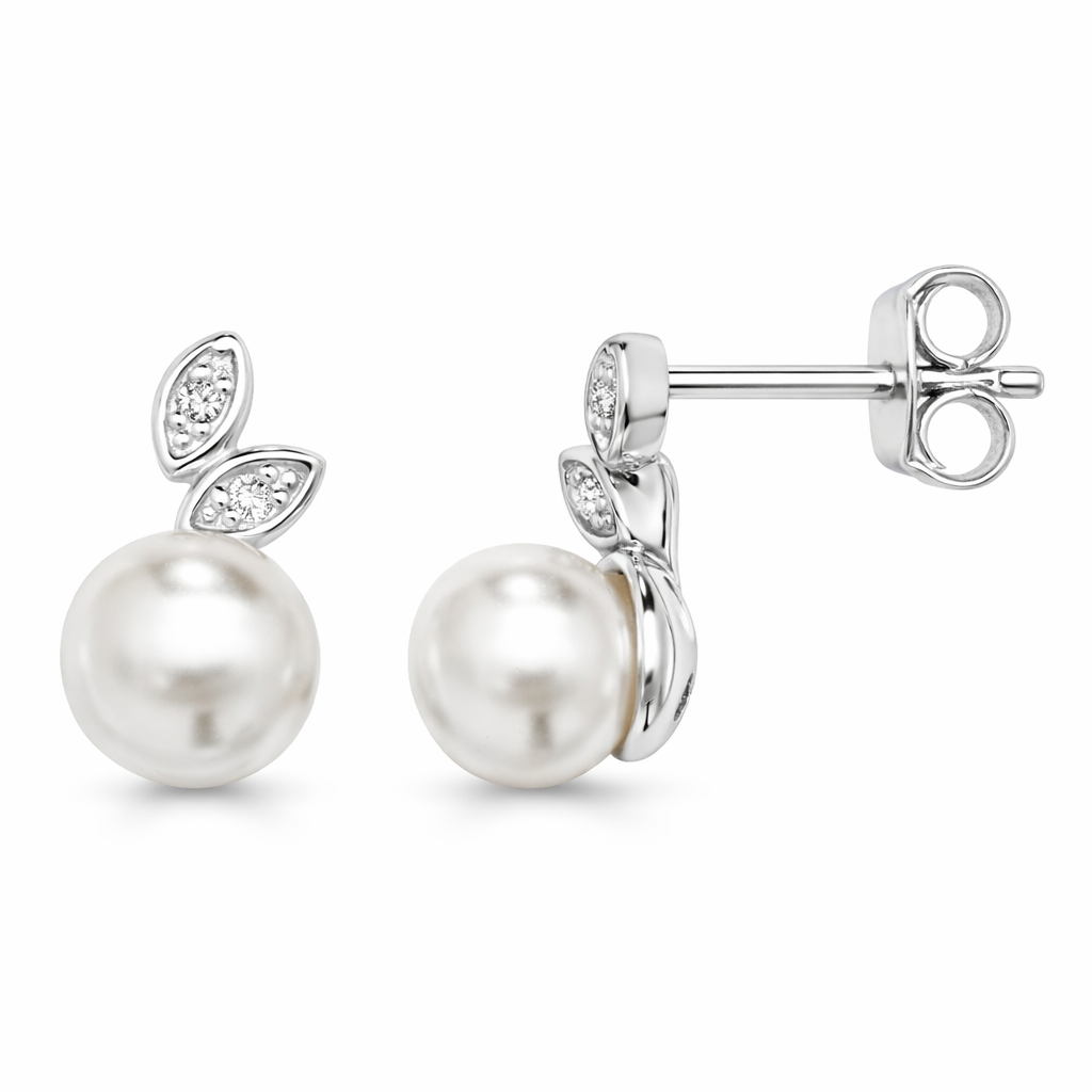 Cubic Zirconia Leaf and Pearl Studs