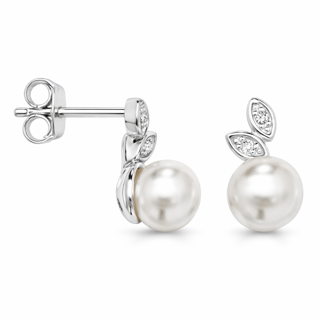 Cubic Zirconia Leaf and Pearl Studs