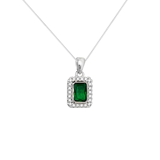 Emerald Rectangle Halo Pendant Necklace