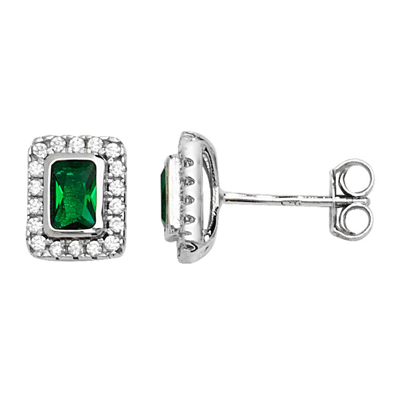 Emerald Rectangle Halo Stud Earrings