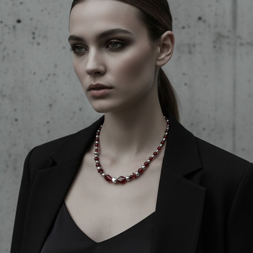 Red Glass and Hematite Beaded Necklace