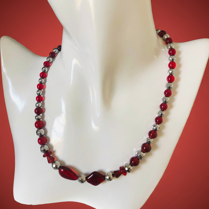 Red Glass and Hematite Beaded Necklace