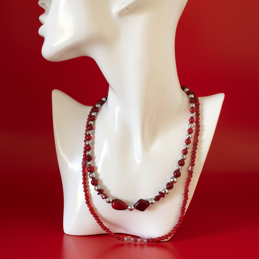 Red Glass and Hematite Beaded Necklace