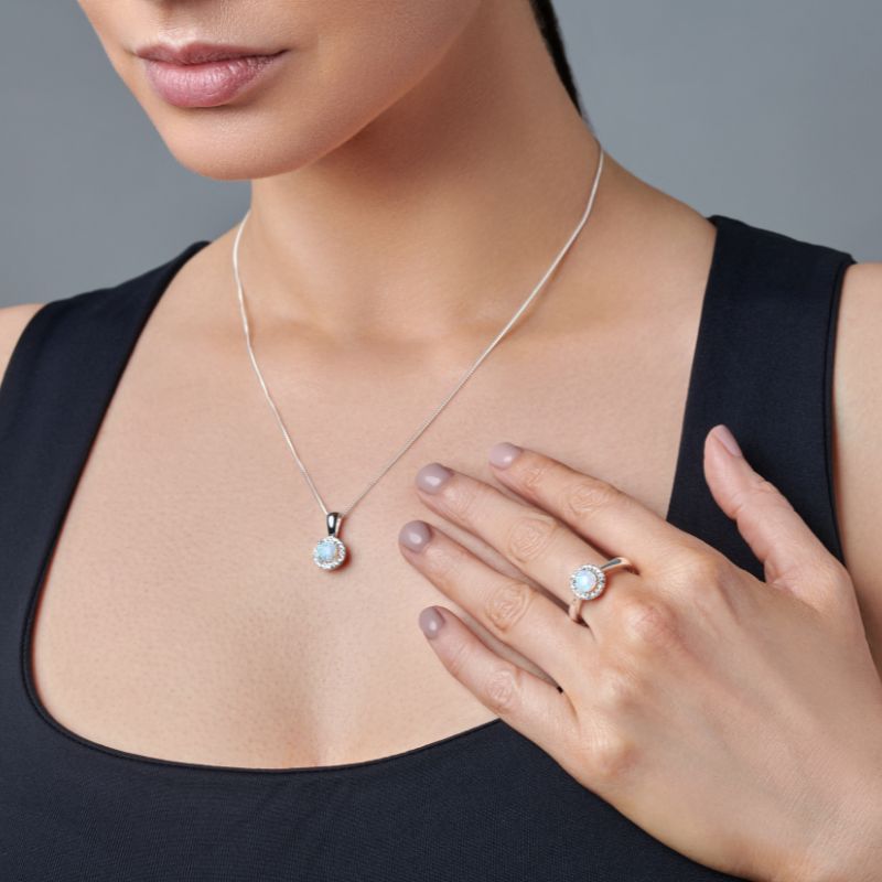 Opal and Cubic Zirconia Halo Necklace