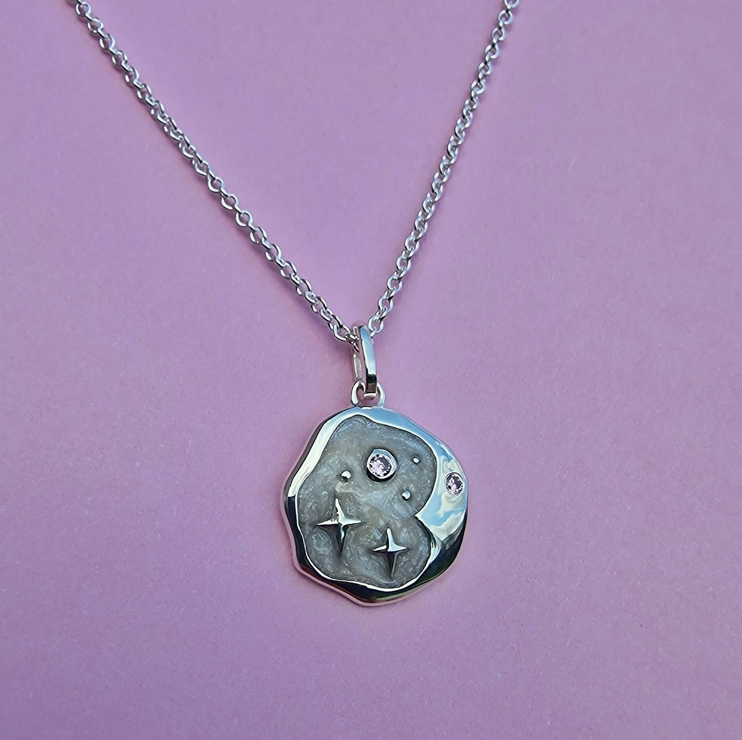 Pink Opal and Pearl Enamel Starry Night Silver Necklace