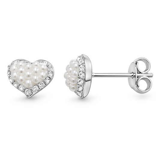 Pearl and Cubic Zirconia Heart Stud Earrings