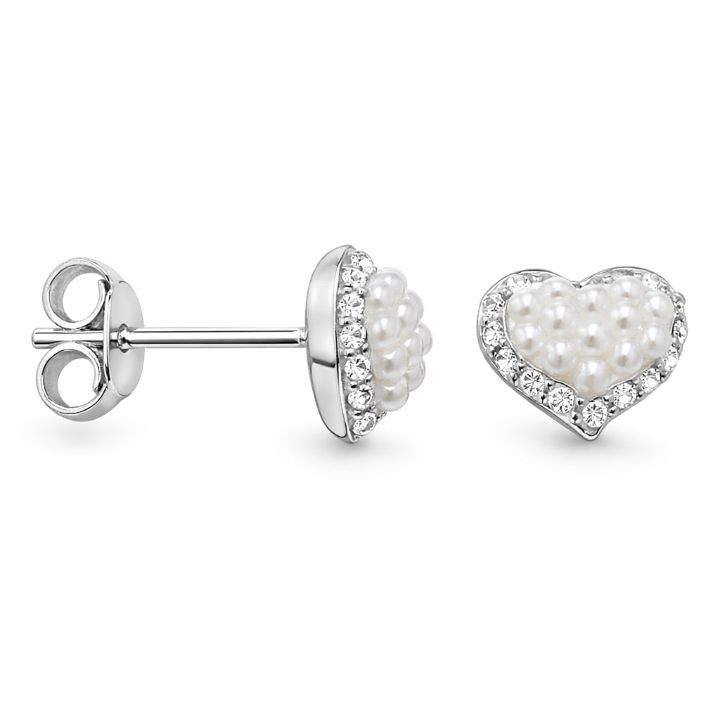 Pearl and Cubic Zirconia Heart Stud Earrings