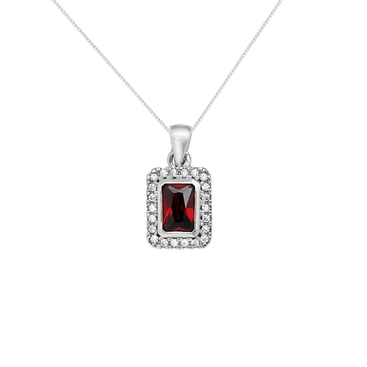 Ruby Rectangle Halo Pendant Necklace