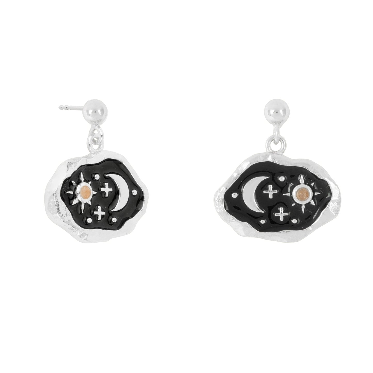 Midnight Scene Rose Quartz and Black Enamel Stud Silver
