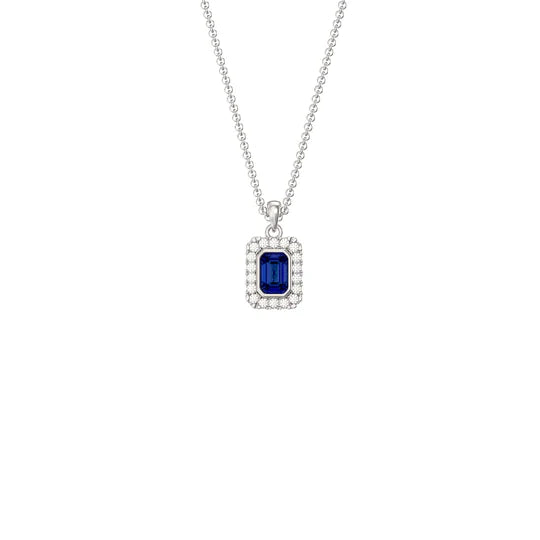 Sapphire Rectangle Halo Pendant Necklace