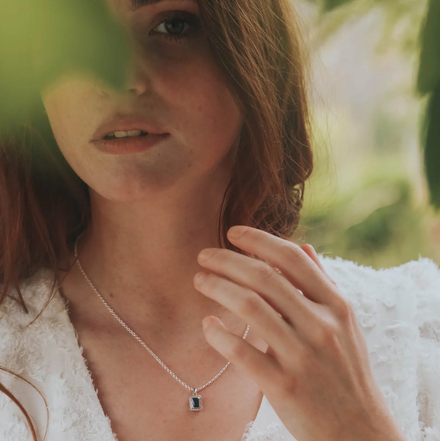 Sapphire Rectangle Halo Pendant Necklace