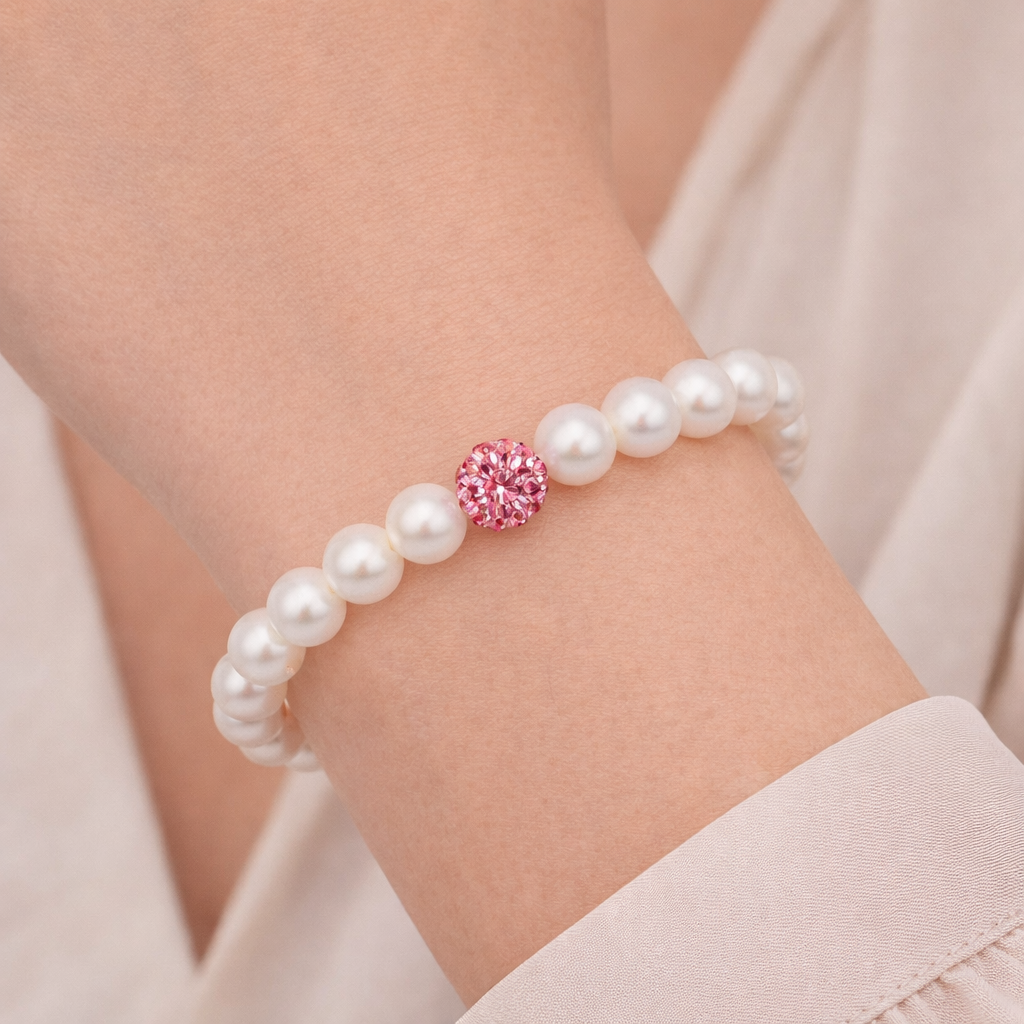 Stretchy Pearl Bracelet with Pink CZ