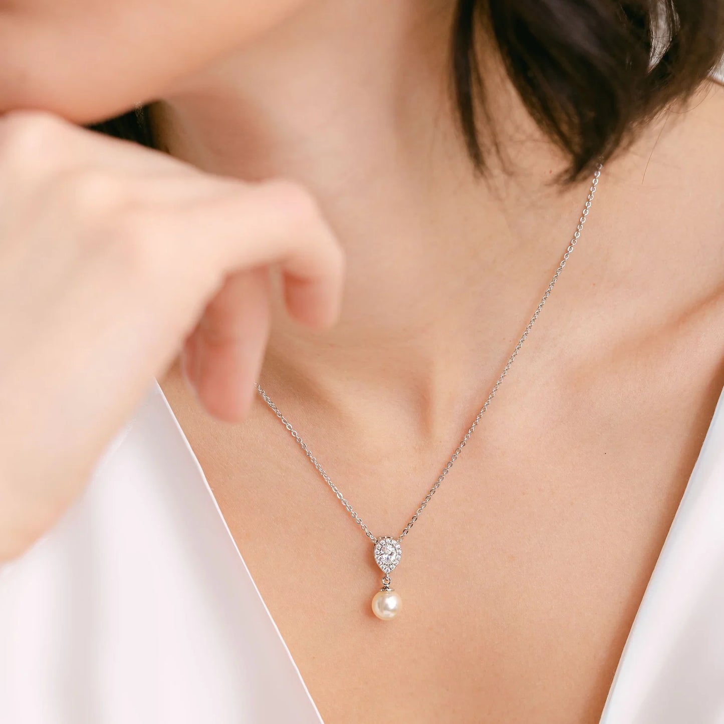 Pearl and Cubic Zirconia Teardrop Necklace