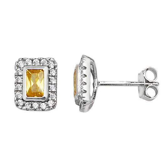 Yellow Topaz Rectangle Halo Stud Earrings