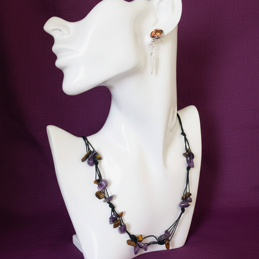 Beaded Necklace with Amethyst and Tiger Eye Chips