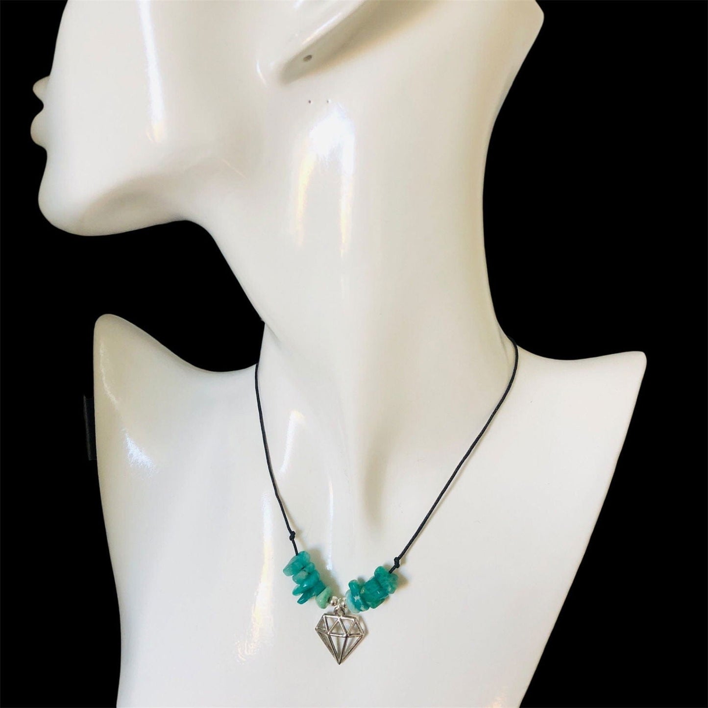 Black Thread Choker Necklace with Green Amazonite Chips
