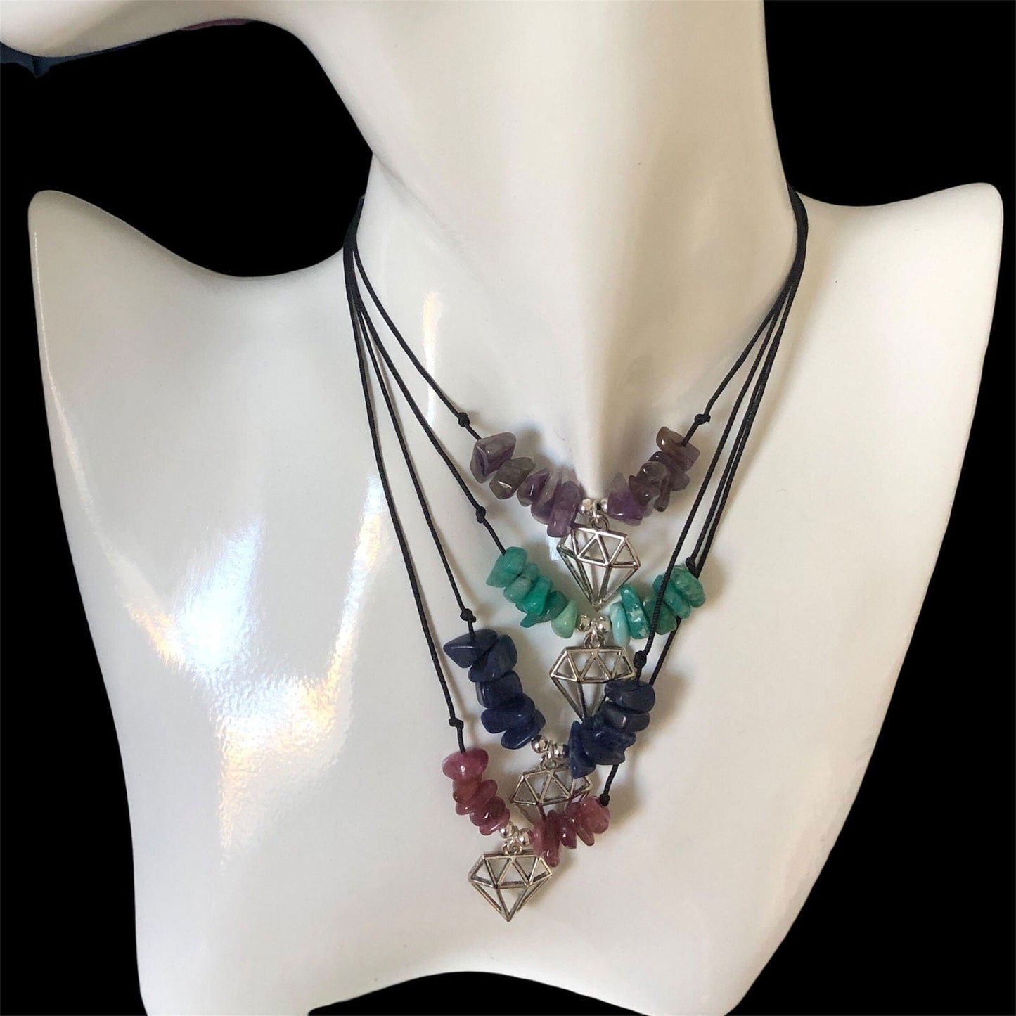 Black Thread Choker Necklace with Green Amazonite Chips