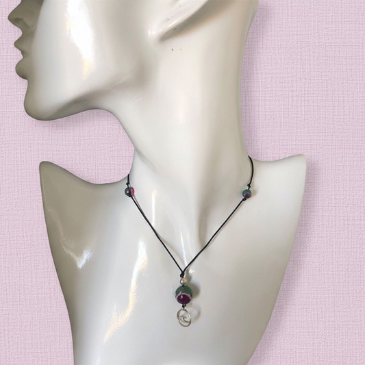 Black Thread Choker Necklace with Green and Pink Agate