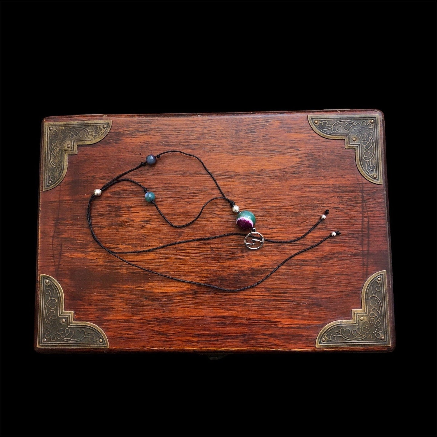 Black Thread Choker Necklace with Green and Pink Agate