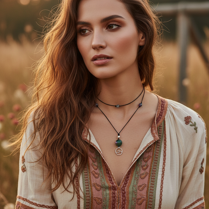 Black Thread Choker Necklace with Green and Pink Agate