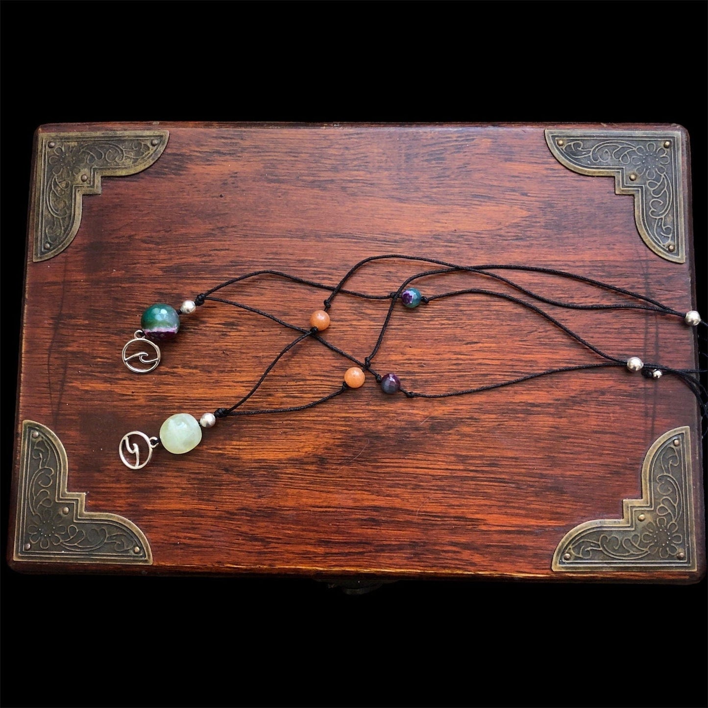 Black Thread Choker Necklace with Green and Pink Agate