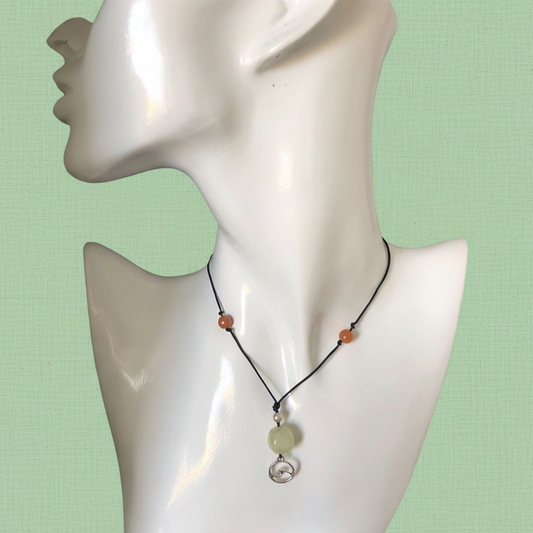 Black Thread Choker Necklace with Jade and Carnelian
