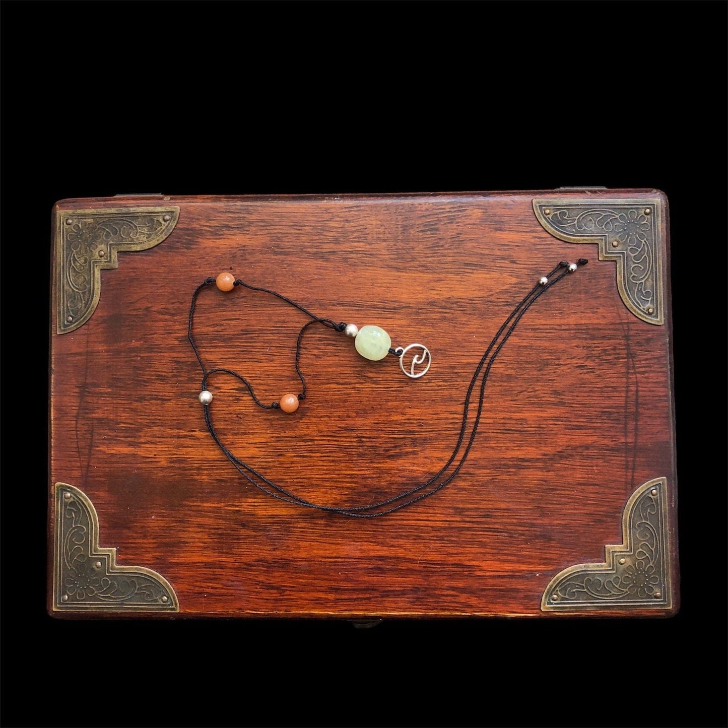 Black Thread Choker Necklace with Jade and Carnelian