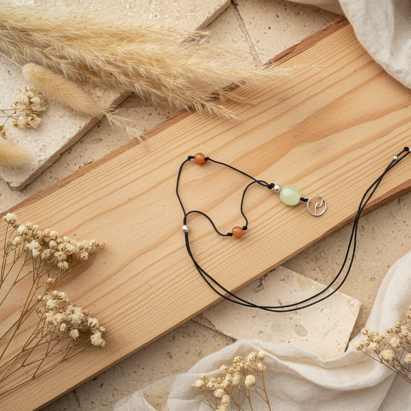 Black Thread Choker Necklace with Jade and Carnelian