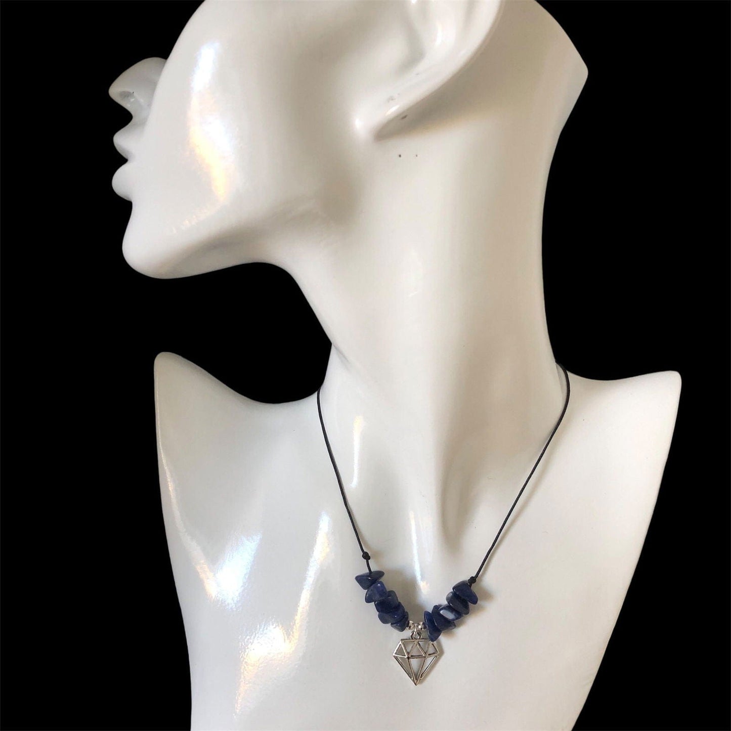 Black Thread Choker Necklace with Lapis Lazuli Chips