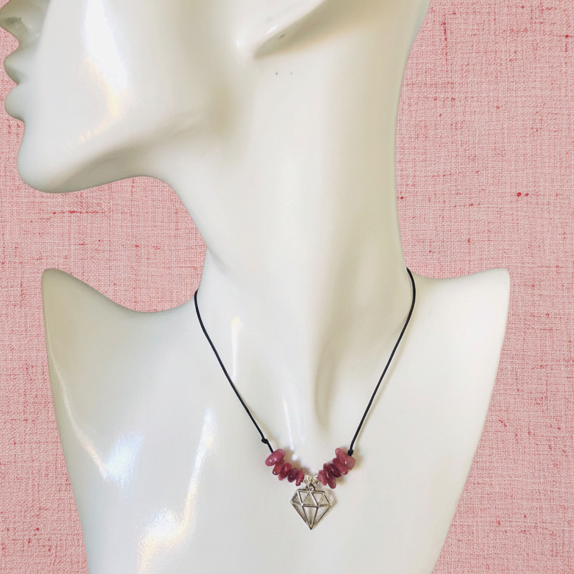 Black Thread Choker Necklace with Pink Tourmaline Chips