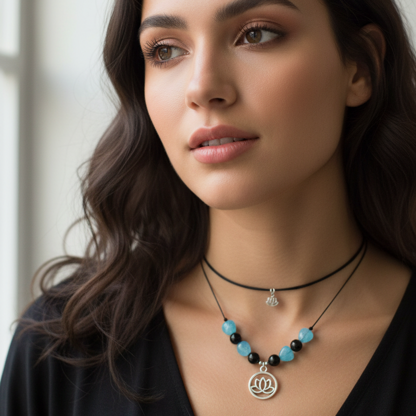 Black Thread Choker Necklace with Quartz and Onyx
