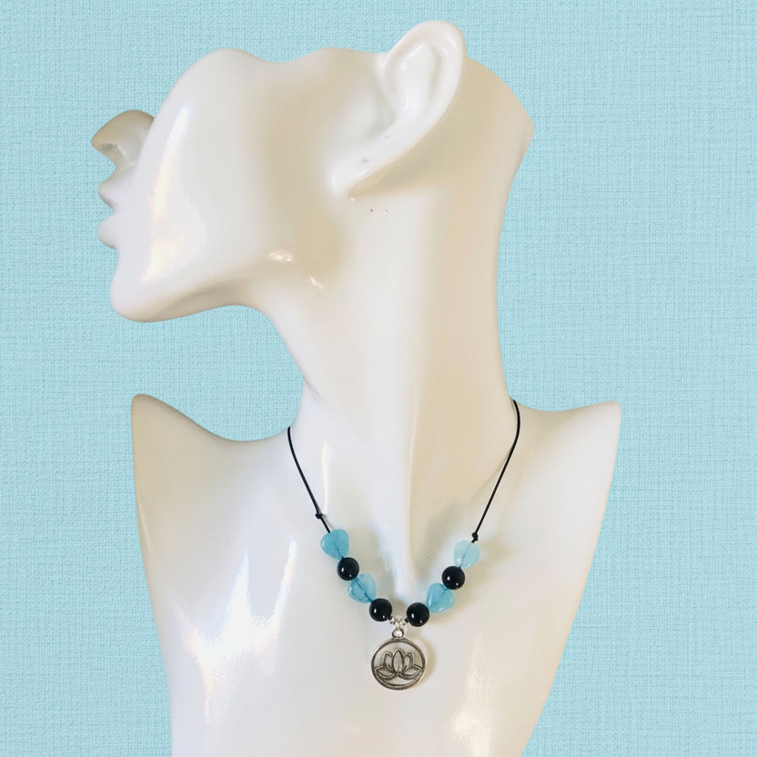 Black Thread Choker Necklace with Quartz and Onyx