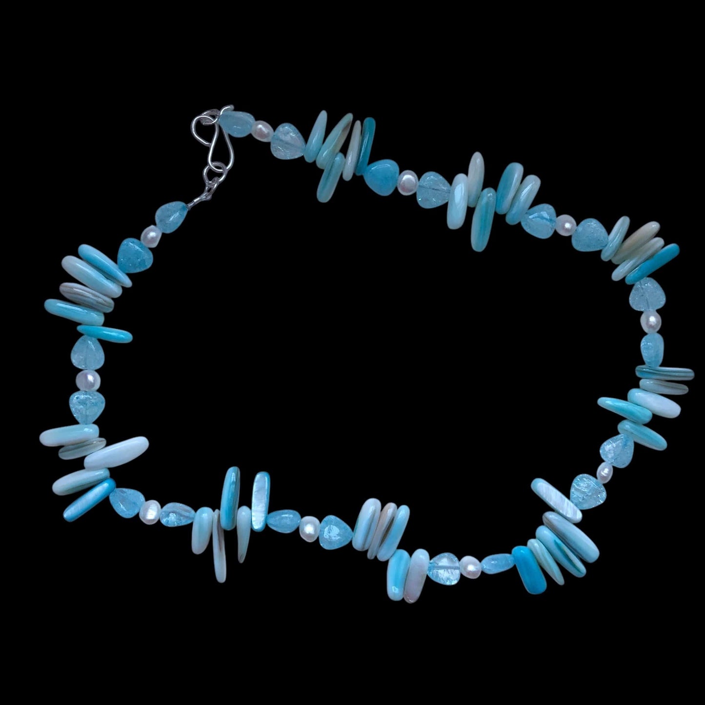 Blue Mother of Pearl, Quartz and Freshwater Pearls Beaded Necklace