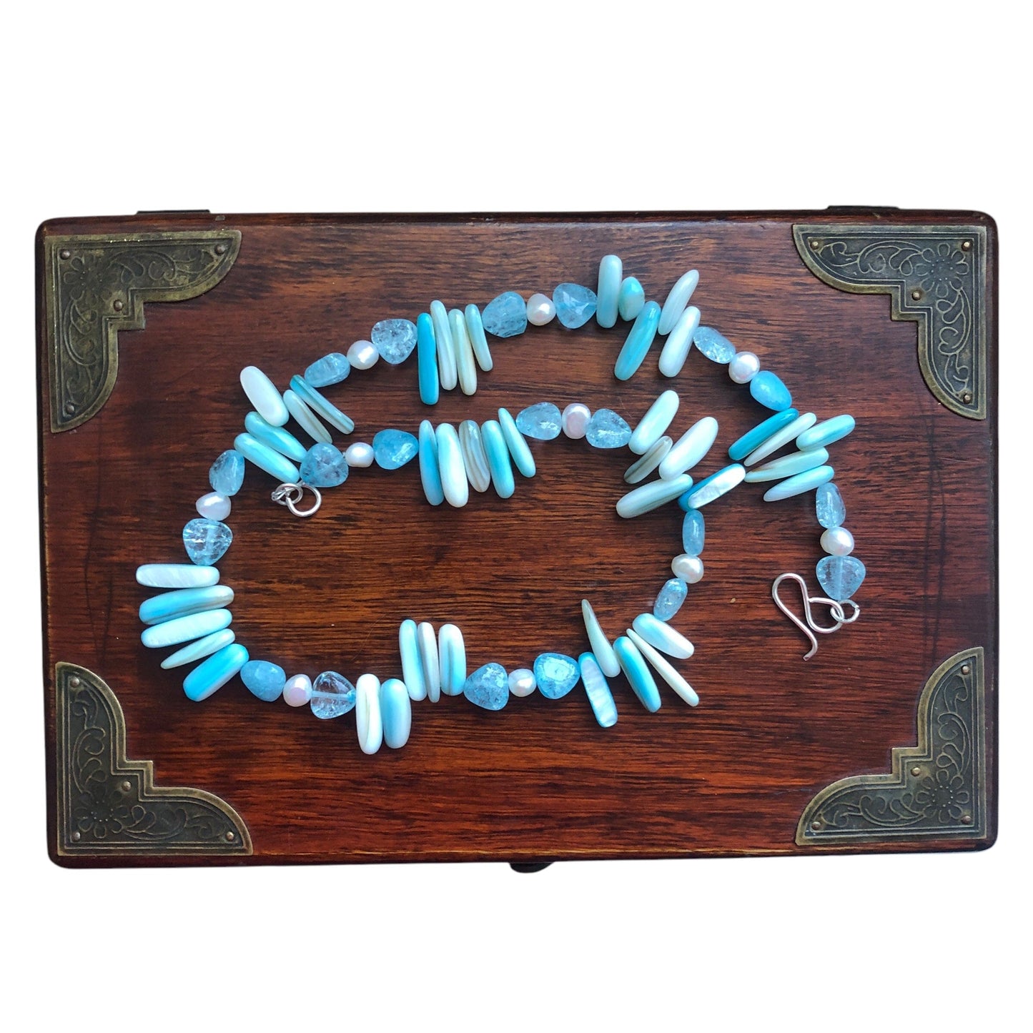 Blue Mother of Pearl, Quartz and Freshwater Pearls Beaded Necklace