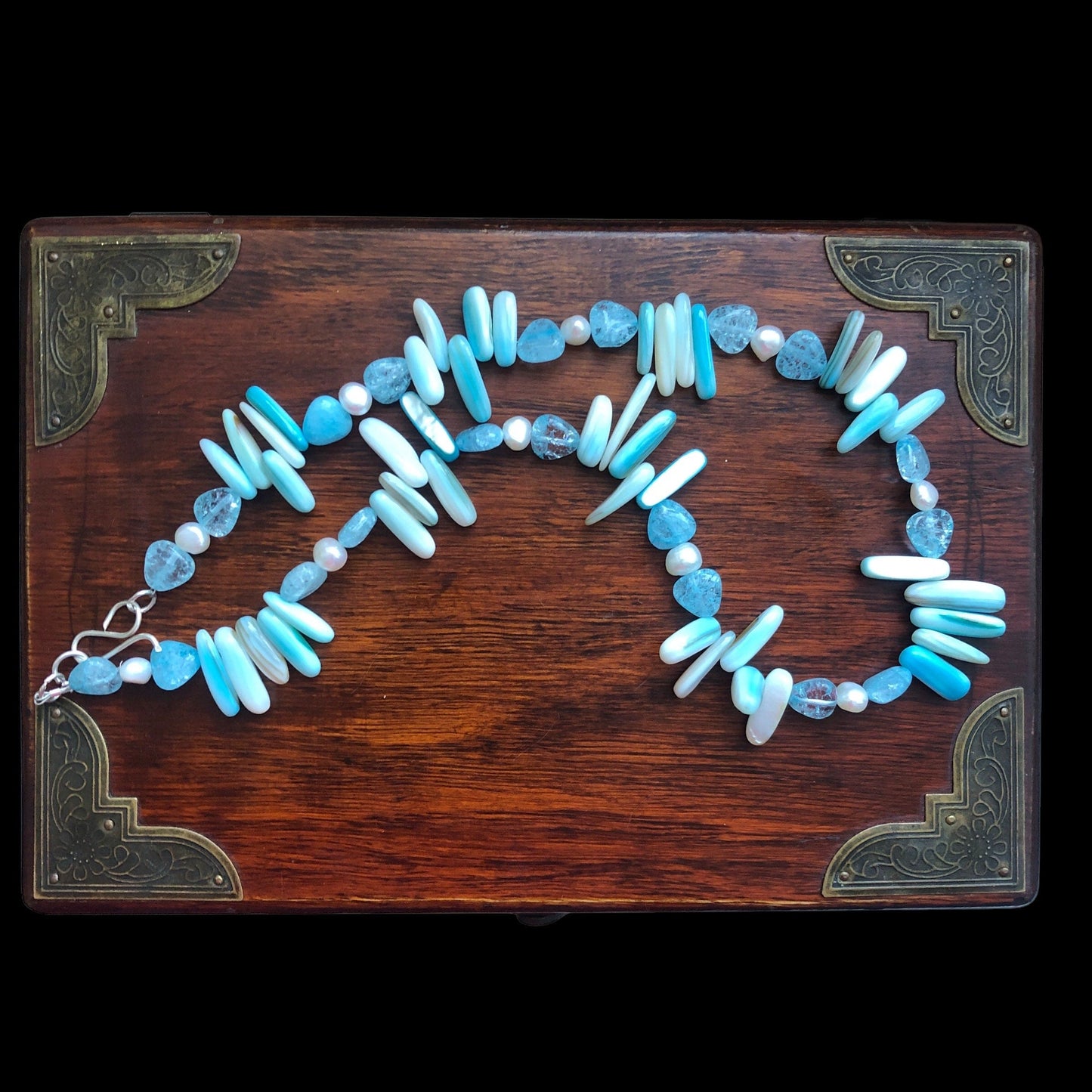 Blue Mother of Pearl, Quartz and Freshwater Pearls Beaded Necklace